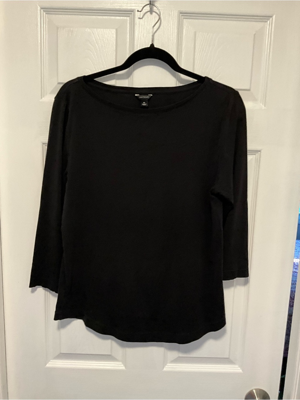 Ann Taylor Basic Black Cotton Round Neck Elbow Sleeve Pullover Top Size XL